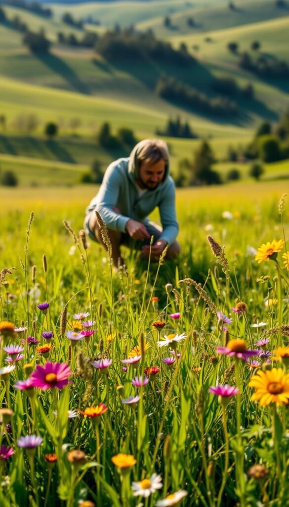 A lush, sunlit meadow in the foreground, filled with vibrant wildflowers and grasses. In the middle ground, a person carefully kneeling, scattering a handful of small seeds onto the soil, their movements gentle and intentional. The background is a verdant landscape, with rolling hills and scattered trees, creating a sense of depth and natural harmony. The lighting is soft and warm, casting a golden glow over the scene. The overall mood is one of tranquility, as the viewer is invited to witness the simple, yet essential, act of planting the seeds that will grow into a thriving, pollinator-friendly meadow.