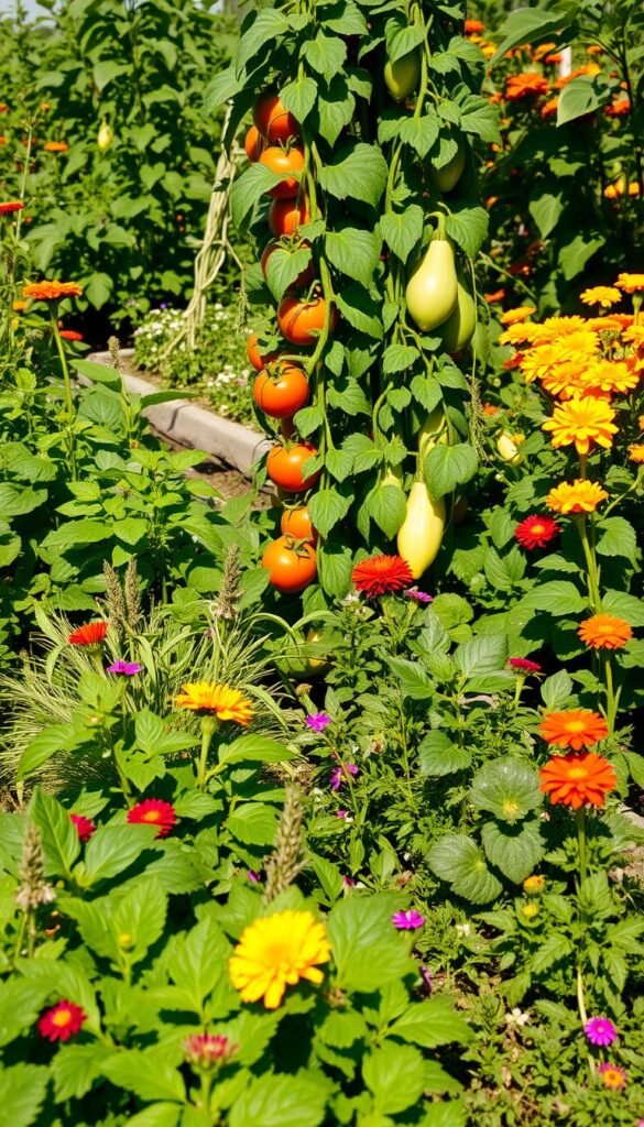 A lush, thriving garden filled with complementary plants, showcasing the vibrant benefits of companion planting in raised beds. In the foreground, leafy greens, vibrant flowers, and verdant herbs intermingle, creating a harmonious tableau. The middle ground features towering tomato plants, their vines intertwined with climbing beans, demonstrating the space-saving and pest-deterring advantages. In the background, a backdrop of flourishing squash, peppers, and marigolds, illustrating the natural pest control and soil enrichment properties of these companion pairings. The scene is bathed in warm, natural light, casting gentle shadows and highlighting the verdant hues. The overall composition conveys the synergistic beauty and practical benefits of thoughtful companion planting in a raised bed setting.