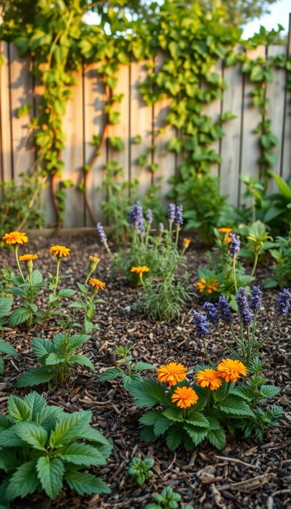 A lush, thriving garden with a variety of natural pest prevention techniques. In the foreground, organic mulch surrounds the base of plants, deterring pests and retaining moisture. Mid-ground, companion plants like marigolds and lavender dot the landscape, their strong scents repelling unwanted insects. In the background, a weathered wooden fence is draped with climbing vines, providing a natural barrier against intruders. Soft, warm lighting illuminates the scene, casting gentle shadows and highlighting the verdant foliage. The overall atmosphere conveys a sense of harmony between humans, plants, and nature's delicate balance.