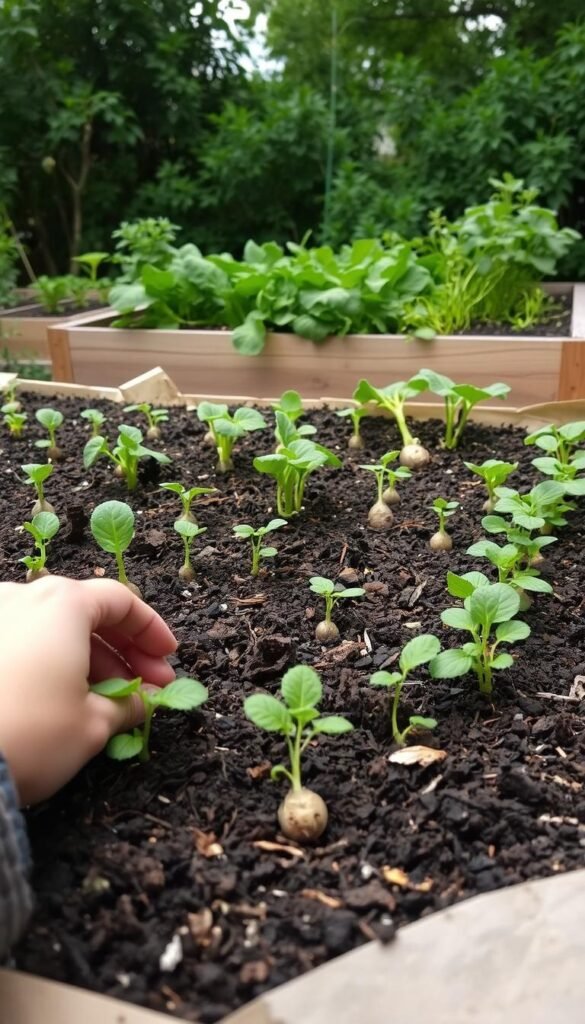 A lush, thriving no-dig garden, with a rich, dark soil bed lined with cardboard and mulch. In the foreground, a gardener's hand gently nestles vegetable seedlings into the earth, while the middle ground showcases an array of healthy greens and root vegetables sprouting up. The background features a well-tended, raised garden bed, framed by a natural wooden border, with a soft, diffused light filtering through the surrounding foliage. The scene exudes a sense of tranquility and abundance, inviting the viewer to imagine the bounty that will emerge from this sustainable, no-dig approach to gardening.