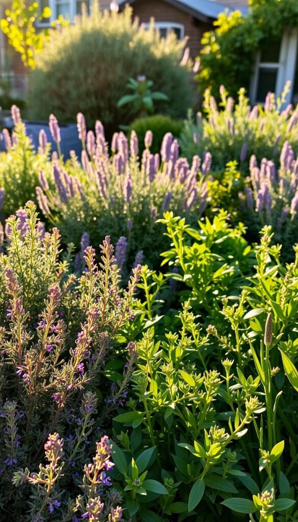 A lush, thriving perennial herb garden in full bloom, bathed in warm, golden afternoon sunlight. In the foreground, a vibrant tapestry of fragrant, leafy herbs - rosemary, thyme, oregano, and chives - their textures and colors creating a visually captivating display. The middle ground features larger, bushy plants like lavender and sage, their purple and silvery-green hues complementing the surrounding foliage. In the background, a glimpse of a quaint garden shed or fence, framing the scene and adding depth. The overall atmosphere is one of tranquility, natural abundance, and the essence of a well-tended, evergreen herb garden.