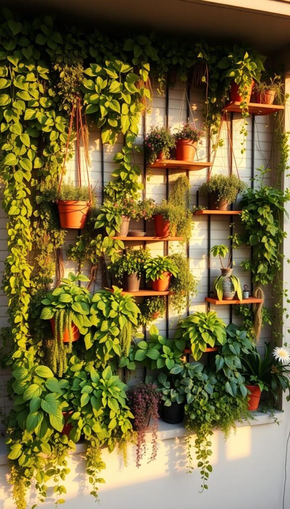 A lush, thriving vertical garden cascading down a balcony wall, showcasing an abundance of vibrant foliage, trailing vines, and potted plants artfully arranged in a harmonious, visually striking composition. The scene is bathed in warm, golden-hour lighting, casting soft shadows and highlighting the textural details of the diverse greenery. Hanging planters, shelves, and trellises create a visually dynamic, layered effect, effectively utilizing the available vertical space to maximize the verdant display. The overall atmosphere is one of urban tranquility, where nature has been thoughtfully integrated into a small, constrained living area, transforming it into a serene, rejuvenating oasis.
