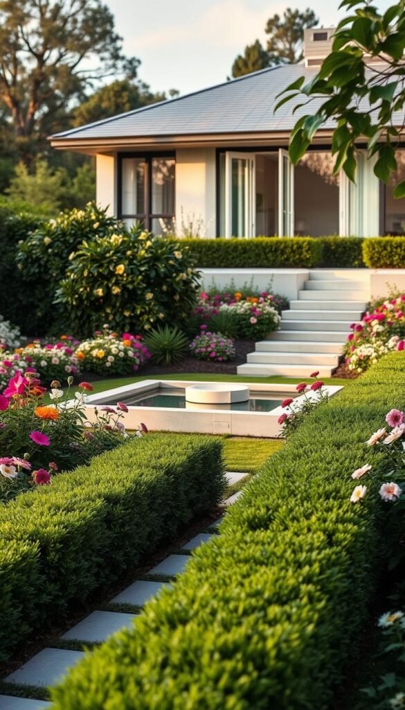 A lush, traditional garden with a modern twist. In the foreground, a neatly trimmed hedge frames a path leading to a minimalist water feature, its still surface reflecting the sky. In the middle ground, vibrant flower beds bloom with a mix of classic and contemporary blooms, their petals dancing in the gentle breeze. The background features a sleek, contemporary home, its clean lines and large windows blending seamlessly with the natural landscape. Soft, warm lighting bathes the scene, creating a serene and inviting atmosphere. The overall composition strikes a perfect balance between the timeless and the modern, showcasing a harmonious fusion of traditional and contemporary elements.