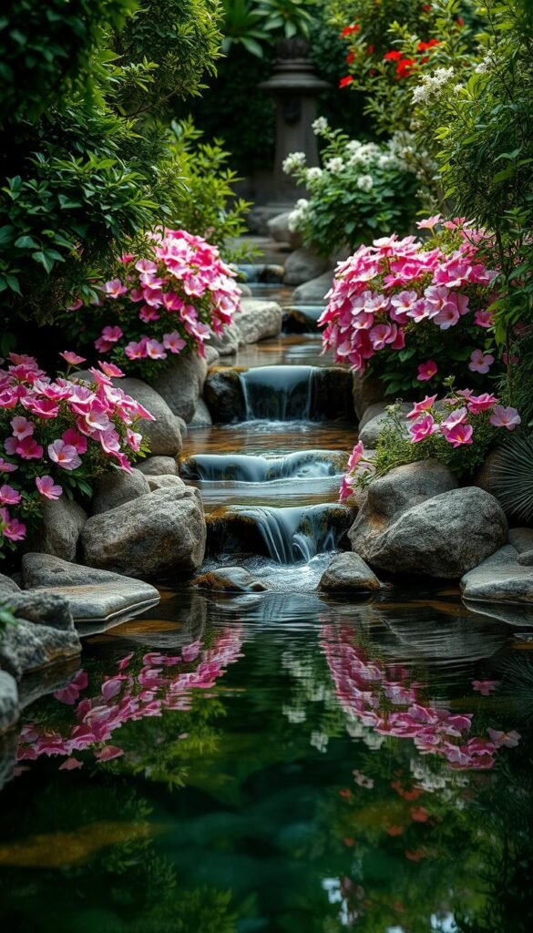 A lush, tranquil garden oasis with a captivating water feature design. A gently flowing stream cascades over smooth, natural-looking rocks, surrounded by a profusion of vibrant flowers in shades of pink, purple, and white. Verdant foliage frames the scene, creating a sense of seclusion and peacefulness. Soft, diffused lighting casts a warm, inviting glow, while the reflections of the water and plants create a mesmerizing, mirror-like effect. The overall composition evokes a serene, spa-like ambiance, perfectly suited for a calming outdoor retreat.