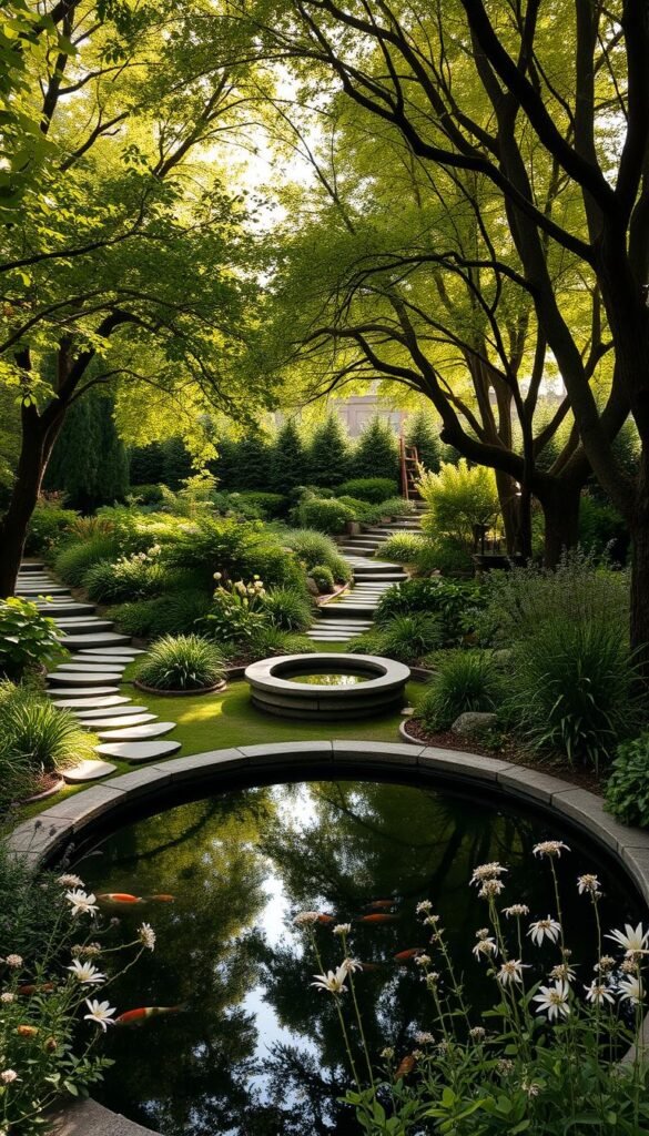 A lush, tranquil garden sanctuary with a calming central water feature and winding stone paths leading through verdant foliage. Soft, diffused natural lighting filters through the canopy of mature trees, casting a warm glow over the scene. In the foreground, a serene koi pond reflects the surrounding greenery, while delicate flowering plants and fragrant herbs line the edges. The middle ground showcases a thoughtfully designed seating area, inviting visitors to pause and immerse themselves in the peaceful ambiance. Secluded yet accessible, this personalized oasis offers a harmonious blend of natural elements that inspire relaxation and mindfulness.