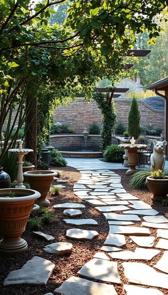 A lush, tranquil garden with harmonious hardscape elements. In the foreground, a winding stone path leads through a variety of textured planters, birdbaths, and ornamental sculptures. The middle ground features a charming pergola draped in cascading vines, casting soft shadows. In the background, a low stone wall frames a serene water feature, its gentle sounds adding to the soothing ambiance. The scene is illuminated by warm, natural lighting, emphasizing the natural materials and organic forms. An inviting oasis that seamlessly blends architecture and nature, inspiring creativity and relaxation.