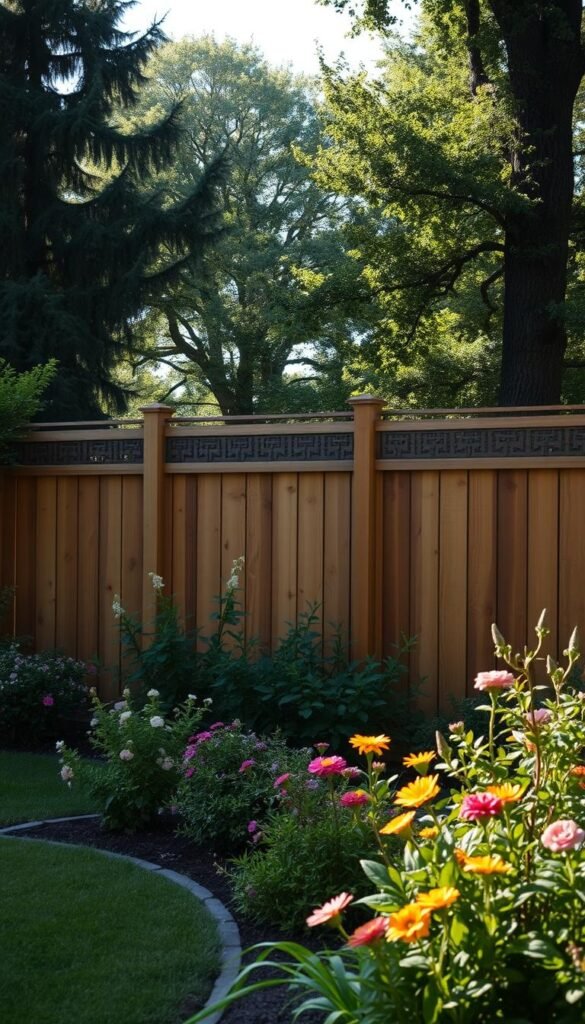 A lush, tranquil privacy fence landscaping scene, illuminated by soft, natural lighting. In the foreground, a well-manicured garden bed with vibrant flowers and greenery. The middle ground features a sturdy, wooden privacy fence, its panels adorned with intricate patterns and textures. Towering trees in the background provide a sense of depth and seclusion, casting gentle shadows across the scene. The overall mood is one of serenity and privacy, inviting the viewer to imagine themselves in a serene, secluded outdoor oasis.