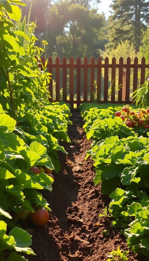 A lush vegetable garden bathed in warm, golden sunlight. In the foreground, rows of vibrant greens, reds, and yellows of leafy vegetables and ripe produce. Dappled shadows cast by tall, swaying plants create a natural, dynamic lighting. The middle ground features a well-tended soil, rich in nutrients, with a slight incline for optimal drainage. In the background, a picturesque wooden fence or border, framing the scene and providing a sense of enclosure. The overall atmosphere is one of abundance, tranquility, and the perfect balance of sun exposure for a thriving vegetable garden.