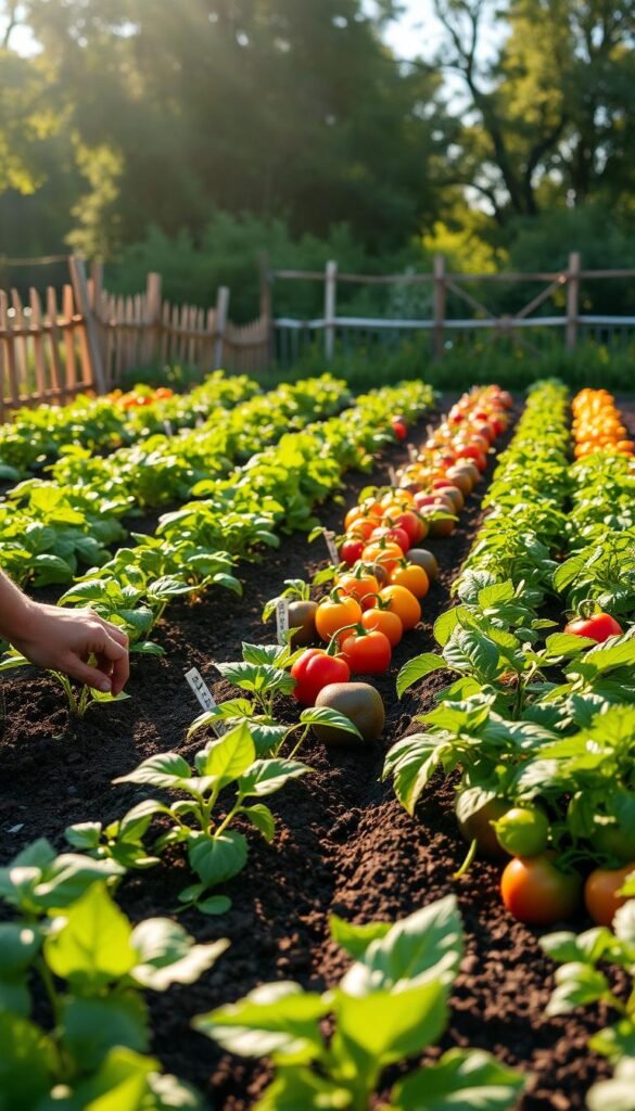 A lush vegetable garden under a warm afternoon sun, with rows of vibrant seasonal crops arranged in a neat, organized layout. In the foreground, a gardener carefully plants seedlings, their hands gently pressing the soil around the tender stems. The middle ground showcases a variety of thriving plants - leafy greens, colorful peppers, and plump tomatoes - each labeled with their respective planting dates. In the background, a picturesque fence or trellis frames the scene, hinting at the structured, intentional design of this productive patch. The overall mood is one of peaceful productivity, inviting the viewer to envision the joys and rewards of a well-timed, well-planned vegetable garden.