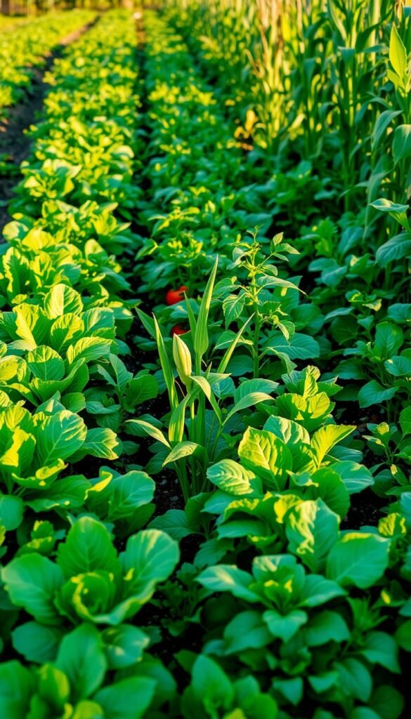 A lush vegetable garden with rows of various vegetables in different stages of growth, arranged in a thoughtful succession planting pattern. The foreground showcases healthy, vibrant lettuces, spinach, and other leafy greens; the middle ground features budding tomato plants, bean vines, and zucchini; the background holds mature corn stalks, pepper plants, and other longer-season crops. Warm, natural sunlight filters through the verdant foliage, casting soft shadows and highlighting the diversity of textures and colors. The overall composition suggests a well-planned, productive and harmonious garden ecosystem, ready to provide a continuous flow of fresh, nutritious produce.