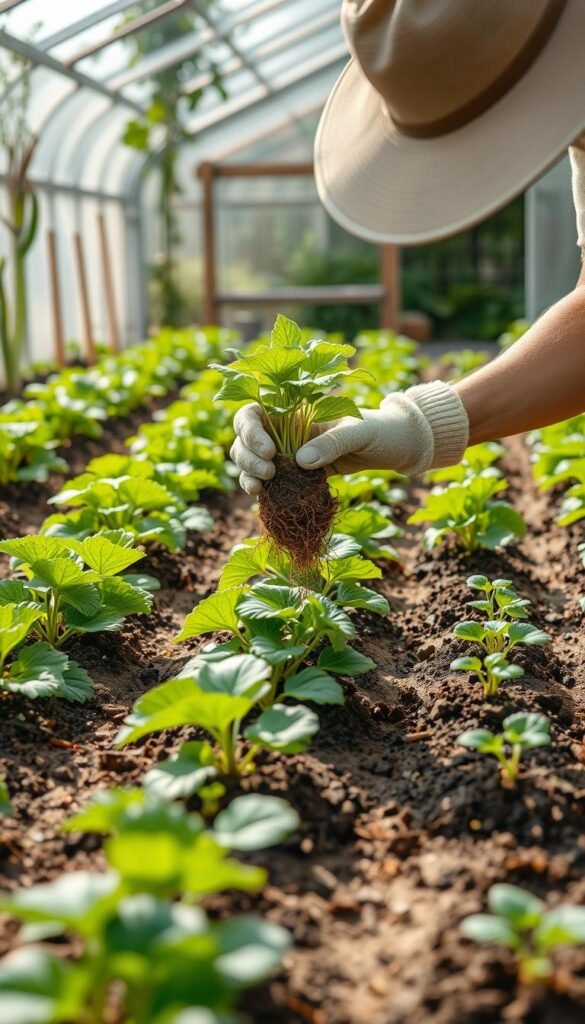A lush vegetable garden with verdant plants being carefully transplanted by gentle hands. In the foreground, a person in a wide-brimmed hat and gardening gloves gently lifts a young seedling from its container, its delicate roots exposed. The middle ground showcases rows of neatly prepared soil, ready to receive the transplants. In the background, a shed or greenhouse provides a warm, sheltered environment, bathed in soft, natural light. The scene conveys a sense of tranquility and attention to detail, as the gardener tenderly places each plant in its new home, ensuring their successful transition to the open garden.