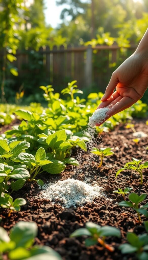 A lush, verdant backyard garden bathed in soft, natural light. In the foreground, a handful of diatomaceous earth is being carefully sprinkled around the base of thriving plants, creating a protective barrier against crawling pests. The middle ground reveals vibrant, healthy foliage and the rich, loamy soil of a well-tended no-till garden. In the background, a wooden fence and lush greenery create a tranquil, serene atmosphere. The composition captures the practical, yet visually appealing application of this natural, mechanical pest deterrent within an organic, sustainable garden setting.