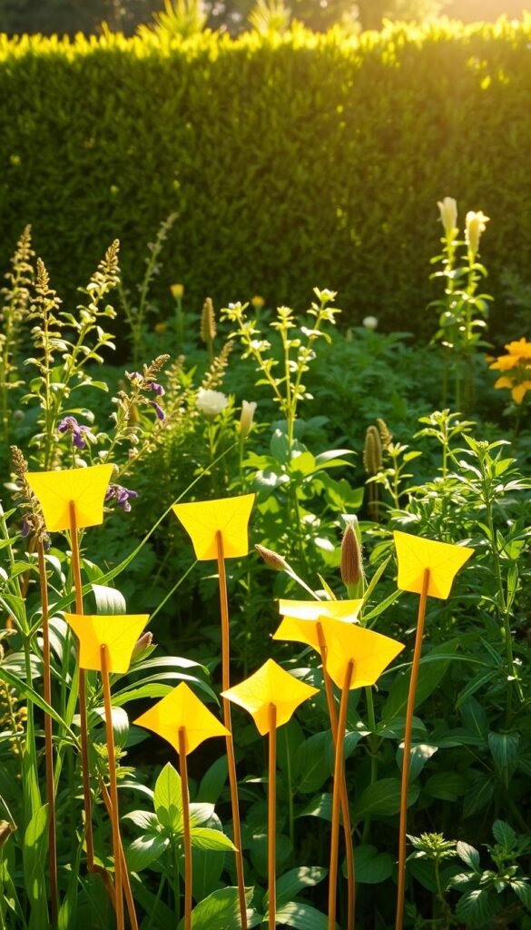 A lush, verdant backyard garden, bathed in warm, golden sunlight. In the foreground, a cluster of vibrant yellow sticky traps, their adhesive surfaces glistening, strategically placed to capture and deter a variety of garden pests. The traps are suspended on slim, unobtrusive wooden stakes, blending seamlessly with the natural environment. In the middle ground, a diverse array of thriving plants, their leaves and flowers swaying gently in a soft breeze. The background features a neatly trimmed hedge, providing a natural border and creating a sense of depth and enclosure. The overall atmosphere is one of harmony and ecological balance, showcasing an effective, chemical-free pest management solution.