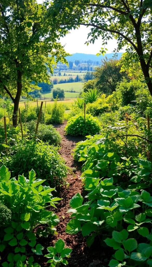 A lush, verdant backyard garden teeming with vibrant foliage and thriving vegetation. In the foreground, a diverse array of plants and vegetables flourish without tilling, their roots intertwined in the nutrient-rich, aerated soil. Sunlight filters through the canopy of trees, casting a warm, natural glow over the scene. In the middle ground, a winding path meanders through the garden, showcasing the bountiful harvest of fresh produce. In the background, a serene, rolling landscape provides a tranquil backdrop, emphasizing the harmony between the garden and its surrounding environment. The overall atmosphere exudes a sense of abundance, sustainability, and the benefits of a no-till gardening approach.