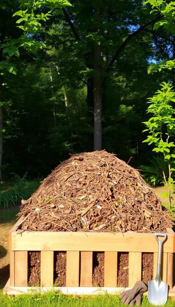A lush, verdant backyard with a well-established compost pile in the foreground. The pile is a mix of brown (dead leaves, twigs) and green (vegetable scraps, grass clippings) materials, arranged in an organized, layered structure. Sunlight filters through the surrounding trees, casting a warm, natural glow over the scene. The compost bin, made of wooden slats, is positioned on a slightly elevated platform to aid drainage. Nearby, a small shovel and gardening gloves suggest recent activity. The overall atmosphere is one of productivity, sustainability, and connection to the earth.