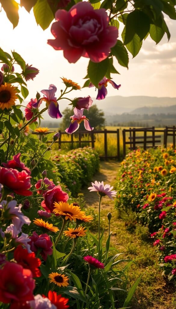 A lush, verdant cutting garden bathed in soft, golden afternoon light. In the foreground, vibrant blooms in a spectrum of colors - crimson peonies, lavender-hued irises, and sunny sunflowers - sway gently in a light breeze. The middle ground features rows of neatly tended beds, brimming with an abundance of fresh-cut flowers ready for harvesting. In the distance, a weathered wooden fence frames the scene, leading the eye towards a horizon of rolling hills and a hazy, cloud-dappled sky. The overall atmosphere is one of tranquility, inspiration, and a sense of purposeful cultivation - a vision of the joys and bounty a dedicated cutting garden can provide.