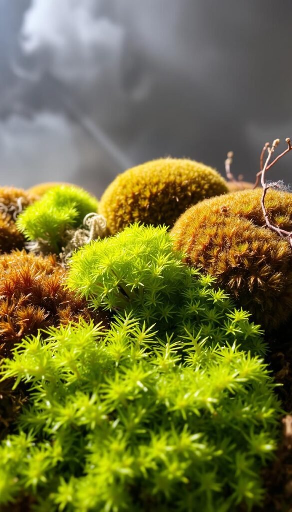 A lush, verdant display of various moss species, showcased against a backdrop of earthy tones and soft lighting. In the foreground, a cluster of delicate, feathery moss specimens in shades of green, with intricate textures and patterns. In the middle ground, a selection of larger, velvety moss varieties, their vibrant hues contrasting with the subtle browns and grays of the surroundings. The background features a misty, atmospheric setting, with gentle shadows and highlights that create a sense of depth and tranquility. The overall composition conveys the beauty and diversity of moss species, perfectly suited for an indoor moss garden.