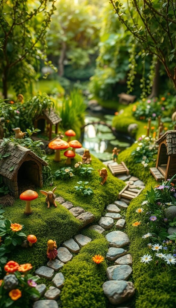 A lush, verdant fairy garden, its construction unfolding in vivid detail. In the foreground, delicate fairy figurines carefully arrange miniature stone pathways and quaint wooden bridges, their movements graceful and intentional. The middle ground showcases a variety of whimsical flora - toadstool clusters, trailing vines, and blooming wildflowers - all bathed in soft, warm lighting that casts a gentle, enchanted glow. In the background, a serene pond reflects the verdant canopy above, creating a sense of tranquility and wonder. The entire scene exudes a magical, storybook-like atmosphere, inviting the viewer to step into this captivating world of imaginative play.