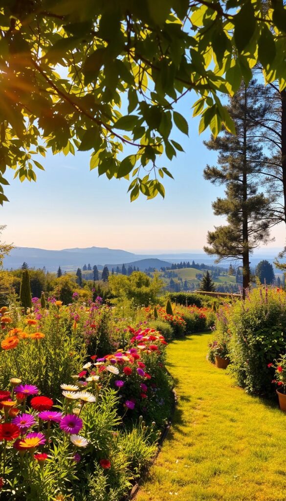 A lush, verdant garden bathed in warm, golden sunlight. In the foreground, a diverse array of thriving flowers and plants, their vibrant hues complementing each other in a harmonious tapestry. The middle ground features a gently winding path, inviting the viewer to explore the tranquil oasis. In the background, a picturesque landscape unfolds, with rolling hills, towering trees, and a clear, azure sky that stretches endlessly. The scene exudes a sense of serenity and natural beauty, perfectly capturing the essence of an ideal location for a cut flower garden.