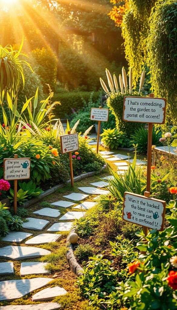 A lush, verdant garden bathed in warm, golden sunlight. Whimsical, hand-painted wooden signs bearing inspirational quotes about gardening and plant life dot the landscape, nestled among thriving flower beds and cascading greenery. The signs feature playful, illustrated motifs like watering cans, trowels, and sprouting seedlings, adding a touch of lighthearted humor to the serene scene. Meandering stone pathways lead the viewer's eye through the tranquil oasis, inviting exploration and contemplation. An overall tone of peaceful positivity and garden-themed wit permeates the image, perfectly capturing the "Inspirational Quotes with a Twist of Humor" theme.