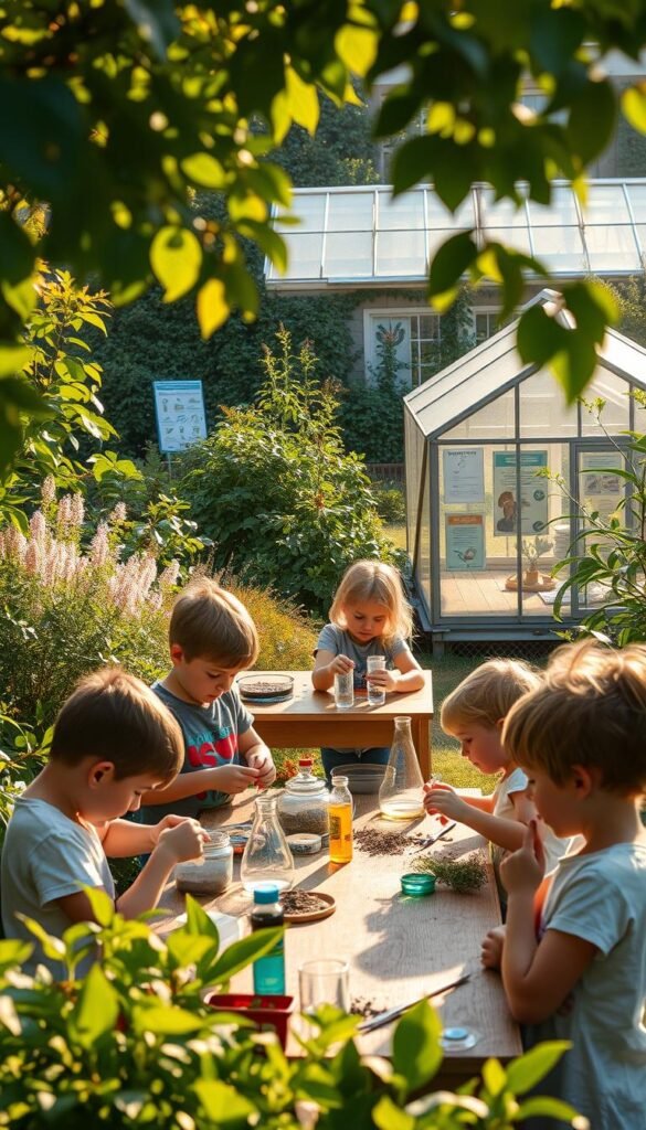 A lush, verdant garden in golden afternoon light. In the foreground, children conduct science experiments - mixing liquids, observing insects, and examining soil samples. Midground features a makeshift workbench with beakers, test tubes, and magnifying glasses. In the background, an educational greenhouse with educational posters and botanical specimens. The scene conveys a sense of wonder, learning, and hands-on discovery as young minds explore the natural world through scientific inquiry.