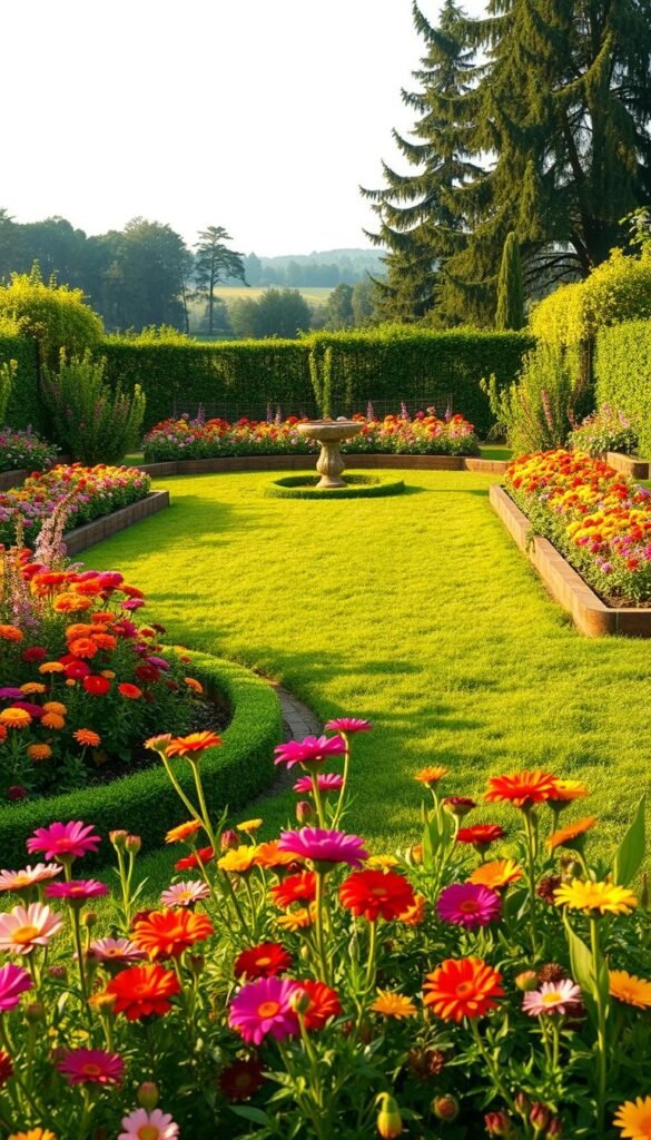 A lush, verdant garden layout, with neatly arranged raised beds and winding paths. In the foreground, vibrant blooms of cosmos, zinnias, and marigolds create a vibrant tapestry, inviting the viewer to explore. The middle ground features a central focal point, such as a birdbath or a small arbor, surrounded by rows of neatly planted cut flowers, including snapdragons, sunflowers, and dahlias. The background showcases a picturesque setting, with a low fence or hedge, and a backdrop of tall, swaying trees. The lighting is soft and diffused, casting a warm, golden glow over the scene, creating a sense of tranquility and inspiration for the viewer's own garden planning.