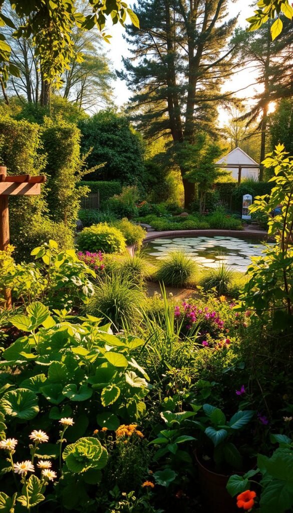 A lush, verdant garden oasis, bathed in warm, golden sunlight filtering through wispy clouds. In the foreground, a thriving, diverse array of organically grown vegetables, herbs, and flowers, their vibrant colors and textures creating a harmonious tapestry. The middle ground features sturdy, natural fencing and trellises, supporting climbing vines and providing a sense of structure. In the background, a tranquil pond reflects the surrounding foliage, its calm waters teeming with life. Towering trees and shrubs form a protective canopy, casting gentle shadows and creating a serene, peaceful atmosphere. The scene conveys a holistic, chemical-free approach to gardening, where natural elements work in harmony to nurture a thriving, sustainable ecosystem. Prompt