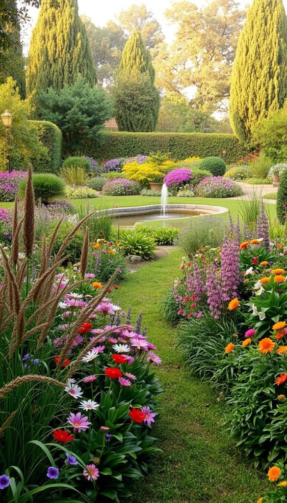 A lush, verdant garden oasis filled with a diverse array of vibrant, blooming flora. In the foreground, a flowing path winding through a riot of colorful flowers - tall, swaying grasses, soft petaled blooms, and verdant leafy plants. In the middle ground, a central water feature reflecting the surrounding greenery, with gentle ripples catching the warm, diffused sunlight. In the background, a dense, carefully curated arrangement of mature trees and shrubs, creating a sense of privacy and enclosure. The scene is bathed in a soft, golden glow, evoking a serene, calming atmosphere perfect for relaxation and contemplation.