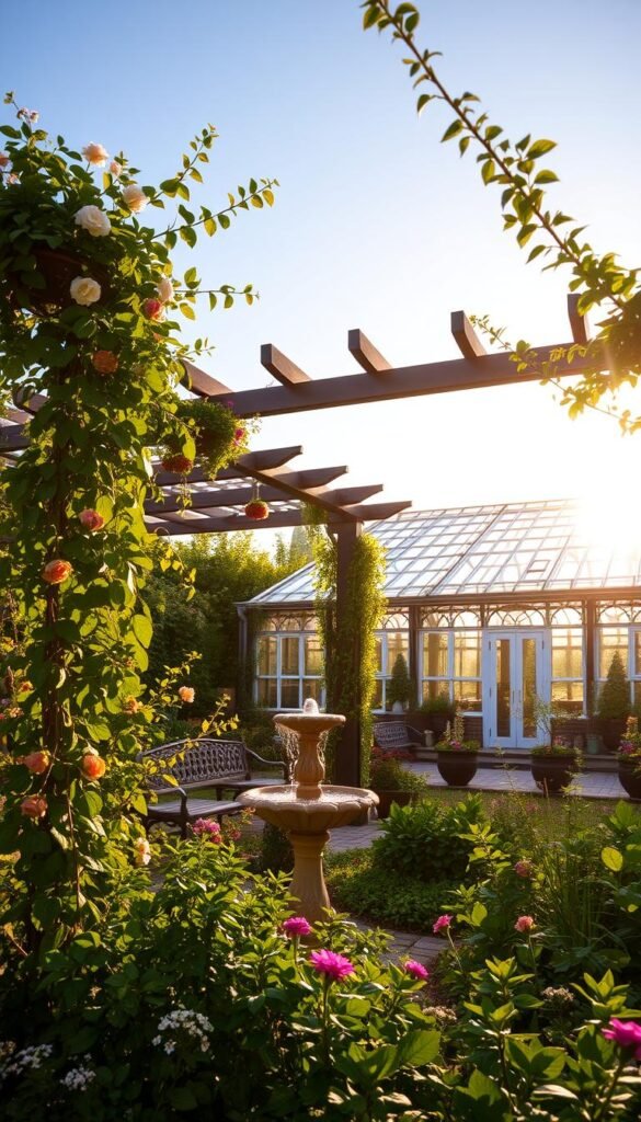 A lush, verdant garden oasis, where plants and structures seamlessly intertwine. In the foreground, a harmonious blend of vibrant foliage, cascading vines, and delicate blooms softly frame an elegant stone fountain. The middle ground features a charming pergola, its intricate lattice adorned with climbing roses, providing a shaded respite. In the background, a modern glass-and-steel greenhouse stands as a striking contrast, its sleek lines complementing the organic forms of the surrounding flora. Warm, golden sunlight filters through the canopy, casting a welcoming glow and creating a sense of tranquility. The overall scene evokes a serene, nature-inspired ambiance, where the boundaries between the built and the natural worlds have been beautifully blurred.