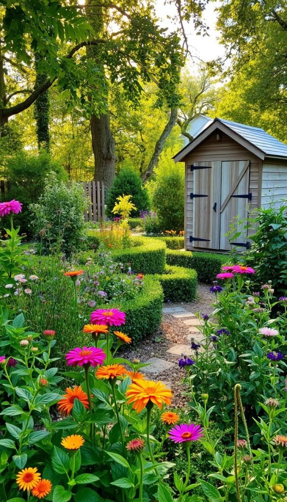 A lush, verdant garden oasis with an abundance of possibilities. In the foreground, a variety of vibrant flowers and plants in bloom, their colors and textures creating a captivating tapestry. In the middle ground, a small, meandering path invites exploration, flanked by neatly trimmed hedges and thriving herbs. The background features a charming, weathered garden shed, its wooden siding and peaked roof adding a cozy, rustic element. Soft, warm sunlight filters through the canopy of trees, casting a gentle glow over the entire scene. The overall atmosphere exudes a sense of tranquility and possibilities, inspiring the viewer to imagine the potential of even the smallest of garden spaces.