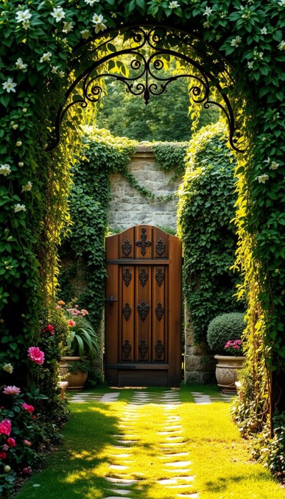 A lush, verdant garden path leading to an inviting entryway, flanked by blooming flowers and verdant foliage. The entrance features an ornate wrought-iron arch draped with cascading vines, casting a warm, dappled light across the scene. In the middle ground, a charming wooden gate with intricate carvings stands ajar, beckoning one to step inside this secret oasis. The background features a stone wall partially obscured by climbing ivy, hinting at the hidden delights that await beyond. The overall atmosphere is one of tranquility, enchantment, and the promise of a serene retreat from the outside world.