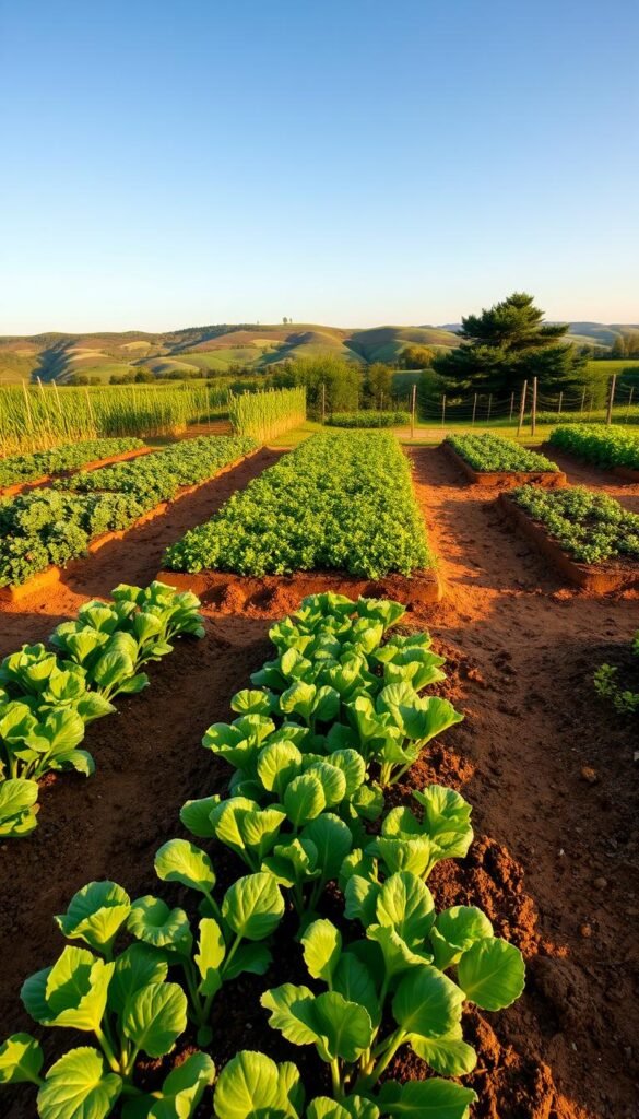A lush, verdant garden plot showcasing a four-bed crop rotation system. In the foreground, a meticulously tilled soil bed with neatly spaced rows of thriving vegetables, their leaves gently rustling in a warm, golden-hour breeze. The middle ground features three additional beds, each dedicated to a different crop type - legumes, brassicas, and root vegetables - arranged in a symmetrical layout. In the background, a picturesque backdrop of rolling hills and a clear, blue sky, captured through a wide-angle lens to accentuate the depth and scale of this practical, small-scale farming system. The scene radiates a sense of order, productivity, and environmental harmony, ideal for illustrating the principles of an effective crop rotation plan.