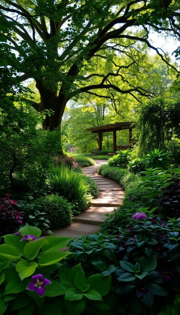A lush, verdant garden scene bathed in soft, dappled light filtering through the dense foliage overhead. The foreground showcases a variety of vibrant, shade-loving blooms - delicate hostas, bold columbines, and velvety impatiens. In the middle ground, a winding path meanders through the verdant understory, inviting exploration. The background features a towering canopy of mature oak and maple trees, their branches creating a natural, sheltering shade. The overall atmosphere is one of tranquility and seclusion, conveying the essence of a shaded, secluded garden oasis.