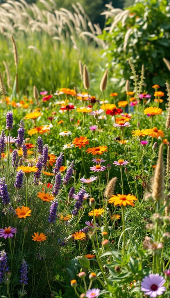 A lush, verdant garden scene filled with a variety of beneficial insect habitat plants. In the foreground, a mix of colorful wildflowers and aromatic herbs like lavender, rosemary, and thyme sway gently in a warm, natural light. The middle ground showcases a thriving patch of nectar-rich flowering plants such as zinnia, cosmos, and marigold, attracting a diverse array of pollinators. In the background, a subtle blur of tall grasses and leafy shrubs creates a sense of depth and a welcoming environment for beneficial insects like ladybugs, lacewings, and parasitic wasps. The overall composition exudes a serene, balanced, and inviting atmosphere, perfectly encapsulating the essence of natural pest control strategies for a thriving garden.