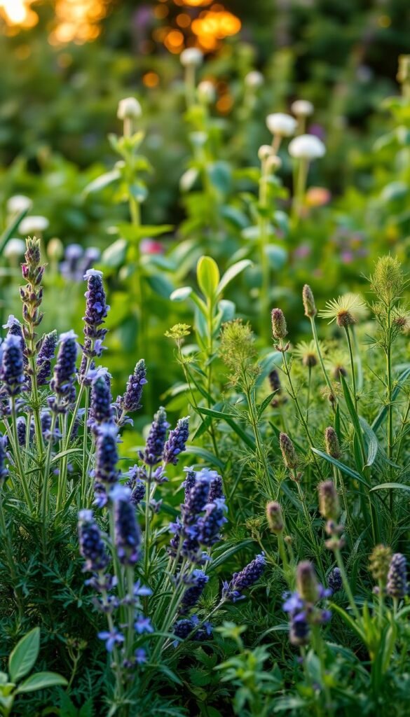 A lush, verdant garden scene showcasing the distinct lifecycles of perennial and annual herbs. In the foreground, a vibrant display of thriving perennial herbs like rosemary, thyme, and lavender, their sturdy stems and evergreen foliage a testament to their longevity. In the middle ground, annual herbs such as basil, cilantro, and dill stand tall, their delicate blooms and rapid growth contrasting the perennials. The background features a warm, golden-hour lighting, casting a soft glow over the garden and highlighting the textures and hues of the plants. The scene is captured with a shallow depth of field, drawing the viewer's attention to the captivating interplay between the two herb types. An artistic, visually striking representation of the key differences between perennial and annual herbs.