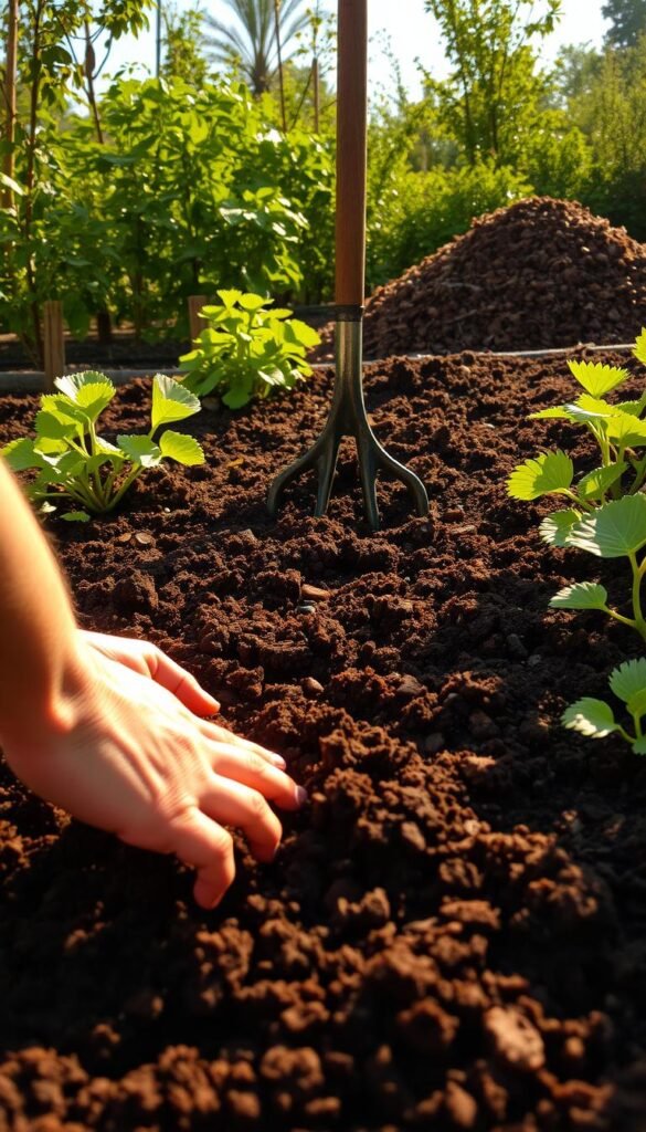 A lush, verdant garden scene, with a focus on the soil preparation process. In the foreground, a gardener's hands gently loosening the rich, dark soil, revealing its fertile, crumbly texture. In the middle ground, a pitchfork stands upright, its tines having just aerated the ground, allowing for better drainage and nutrient absorption. In the background, a pile of organic matter, such as compost or aged manure, waits to be worked into the soil, nourishing it with essential nutrients. The scene is bathed in warm, golden sunlight, conveying a sense of tranquility and growth. The overall atmosphere is one of preparation and anticipation, as the gardener readies the soil for a bountiful harvest.