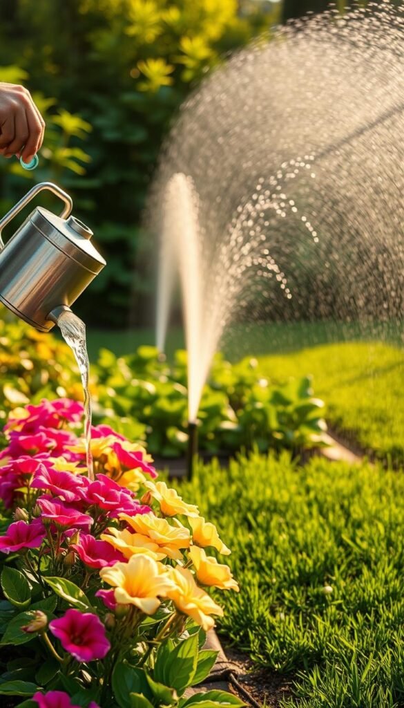 A lush, verdant garden scene with a focus on various efficient watering techniques. In the foreground, a person carefully waters a row of vibrant flowers using a watering can, with water gently cascading over the blooms. In the middle ground, an automated drip irrigation system waters a vegetable patch, the water droplets glistening in the soft, diffused sunlight. In the background, a sprinkler system waters a well-manicured lawn, creating a soothing, rain-like ambiance. The lighting is natural and warm, casting a golden glow over the entire scene, highlighting the health and vitality of the plants. The overall mood is one of tranquility, sustainability, and effective garden care.