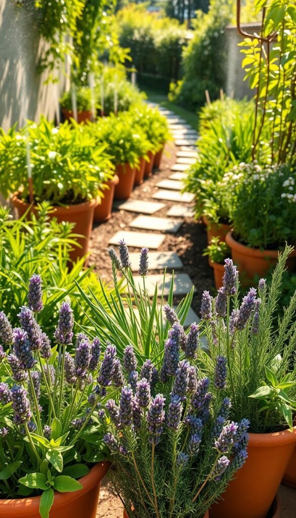 A lush, verdant garden scene with an assortment of natural pest deterrents using essential oils. In the foreground, clusters of aromatic herbs like lavender, lemongrass, and rosemary fill terracotta pots, their vibrant hues and delicate textures contrasting against the warm, earthy tones of the pottery. The middle ground showcases a variety of potted plants, their leaves glistening with essential oil-infused mists, creating a protective barrier against unwanted garden pests. In the background, a sun-dappled path winds through the thriving greenery, inviting exploration and discovery. The scene is bathed in soft, golden light, conveying a sense of tranquility and nature's restorative power. A beautifully balanced composition that celebrates the harmonious coexistence of plants, essential oils, and a safe, pesticide-free garden environment.