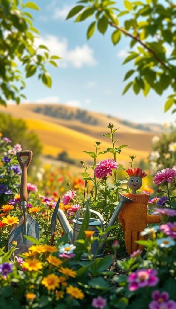 A lush, verdant garden scene, with vibrant flowers and plants bursting with life. In the foreground, a whimsical arrangement of gardening tools and accessories, each with a playful, comedic touch - a trowel with a crooked handle, a watering can with a silly face, and a pair of oversized gardening gloves. The middle ground features a group of anthropomorphized plants, their leaves and stems contorted into comical expressions, as if engaged in a humorous conversation. The background showcases a warm, sun-dappled landscape, with rolling hills and a clear, blue sky, creating a sense of joy and lightheartedness. Soft, diffused lighting and a slightly dreamy, impressionistic style lend an endearing, whimsical quality to the scene, capturing the essence of gardening humor and the delight it brings to plant enthusiasts.