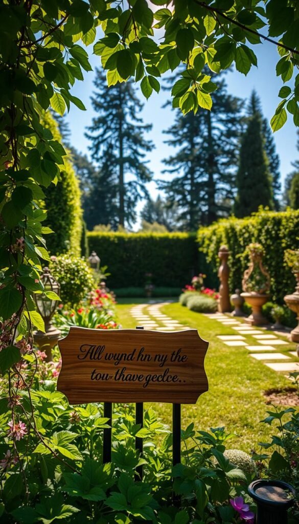 A lush, verdant garden setting with sunlight filtering through the foliage. In the foreground, a rustic wooden sign or plaque displaying an inspiring garden quote in elegant calligraphy. The quote is framed by trailing vines, blooming flowers, and a vibrant tapestry of green leaves. In the middle ground, a tranquil stone pathway leads the eye deeper into the garden, with strategically placed garden decor and ornaments providing a sense of whimsy and serenity. The background features a backdrop of tall trees, hedges, and a clear blue sky, creating a peaceful, contemplative atmosphere. Lighting is soft and natural, evoking a sense of warmth and timelessness. The overall composition emphasizes the harmony between the inspiring words and the beauty of the natural world.