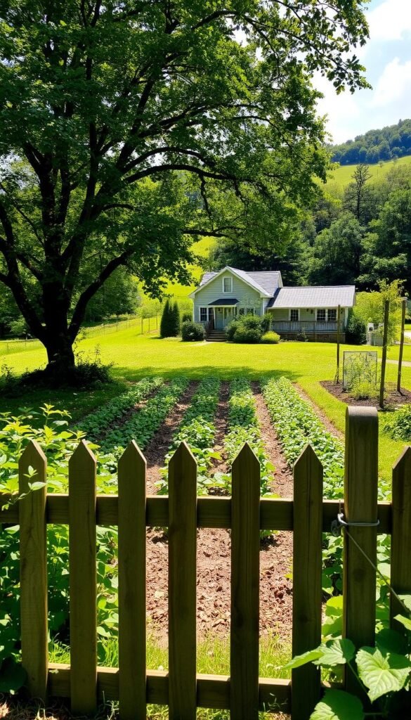 A lush, verdant garden site nestled amidst rolling hills, with dappled sunlight filtering through the canopy of mature trees. In the foreground, a picturesque wooden fence frames the entrance, inviting exploration. The middle ground showcases a well-tended plot of fertile soil, ready to nurture a bountiful harvest of fruits and vegetables. In the background, a charming country farmhouse stands, its weathered siding and pitched roof lending a sense of timeless rural charm. The overall atmosphere conveys a serene, bucolic setting perfect for a productive and visually appealing fruit and vegetable garden.