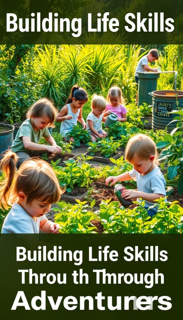 A lush, verdant garden teeming with life, showcasing young children engaged in a variety of hands-on activities that promote essential life skills. In the foreground, a group of kids work together to plant seedlings, their faces alight with concentration and pride. The middle ground features children watering flourishing plants, their movements graceful and purposeful. In the background, a child tends to a compost bin, learning the importance of sustainability. Soft, warm lighting filters through the scene, casting a golden glow and creating a sense of tranquility. The overall composition conveys the joy, responsibility, and patience that gardening can instill in young minds, perfectly capturing the essence of "Building Life Skills Through Garden Adventures".
