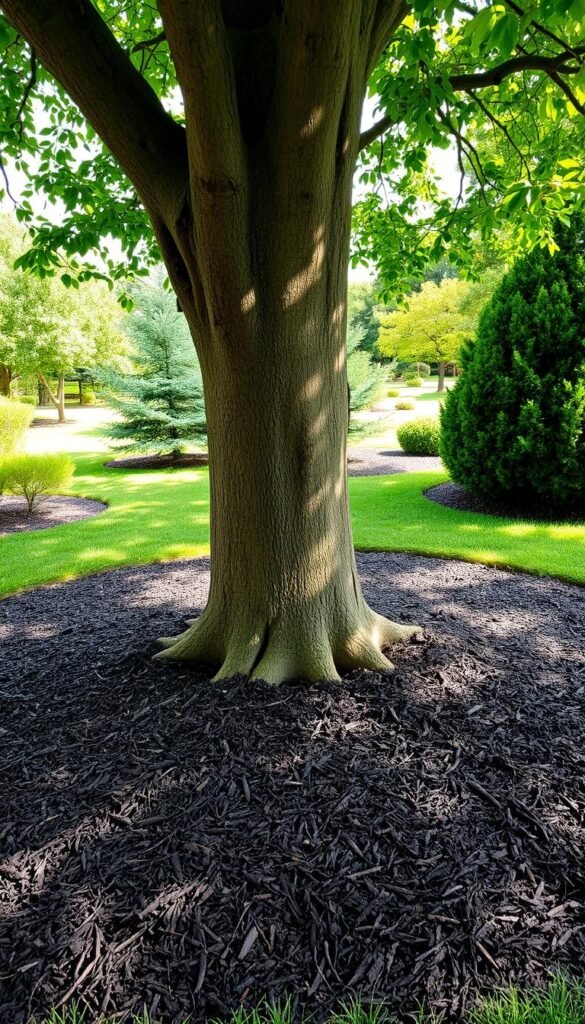 A lush, verdant garden with a mature tree taking center stage. The tree's thick trunk is surrounded by a generous layer of dark, nutrient-rich mulch, extending outward in a circular pattern. The mulch is carefully arranged to create a neat, tidy appearance, leaving a small gap between the trunk and the mulch to allow for proper air circulation. Sunlight filters through the tree's canopy, casting a warm, natural glow over the scene. In the background, other trees and shrubs dot the landscape, their foliage providing a complementary backdrop. The overall impression is one of thoughtful, intentional landscaping, showcasing the benefits of proper mulch placement around trees for a healthy, weed-free garden.