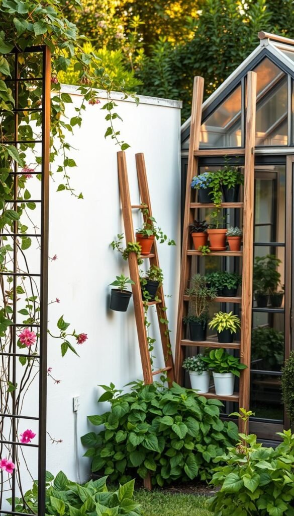 A lush, verdant garden with a variety of vertical storage solutions. In the foreground, a sleek, modern metal trellis supports cascading vines and trailing flowers, creating a captivating focal point. In the middle ground, a rustic wooden ladder leans against a whitewashed wall, its shelves brimming with potted succulents and herbs. The background features a charming greenhouse structure, its glass panels reflecting the warm, golden light of the afternoon sun, casting a gentle glow over the entire scene. The overall composition evokes a sense of harmony, showcasing innovative ways to maximize limited garden space through creative, space-saving storage ideas.