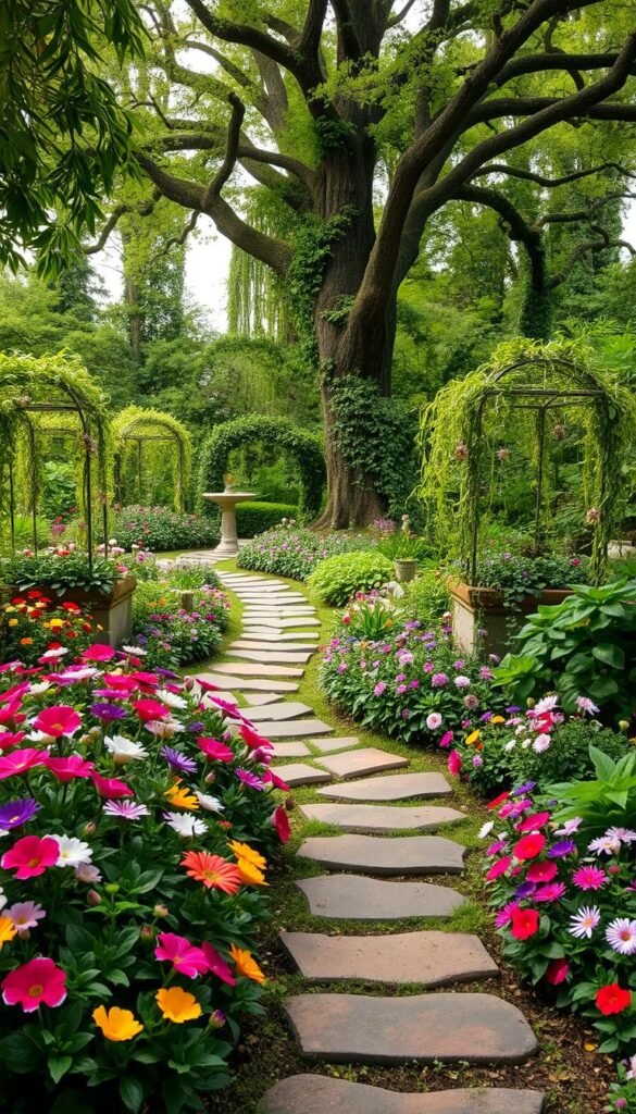 A lush, verdant garden with a whimsical, artistic layout. In the foreground, a winding path of stepping stones leads through a vibrant array of flowers, their petals bursting with color. In the middle ground, raised garden beds with cascading vines and trailing foliage create a sense of depth and texture. Towering trees and trellises form a natural canopy, casting a warm, dappled light over the scene. A birdbath or small water feature glistens, reflecting the sky above. The overall atmosphere is one of enchantment and creativity, inviting exploration and inspiration for innovative garden design.