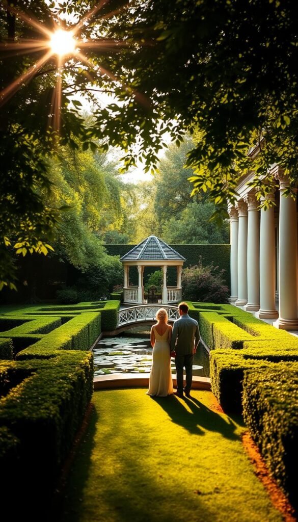 A lush, verdant garden with neatly trimmed hedges and a path leading to a charming gazebo. The sun filters through the canopy of trees, casting a warm, golden glow over the scene. In the foreground, a couple stands hand-in-hand, admiring the serene surroundings as they consider this idyllic location for their dream garden wedding. The middle ground features a serene pond with water lilies and a stone bridge, inviting guests to explore the tranquil setting. In the background, a row of elegant columns frames the view, hinting at the timeless elegance of this enchanting garden venue.