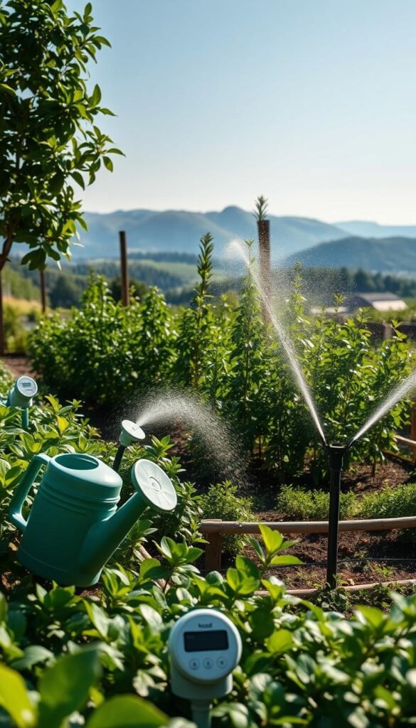 A lush, verdant garden with strategically placed watering cans, sprinklers, and irrigation pipes. The foreground features a smart watering timer, its digital display showcasing a tailored watering schedule. In the middle ground, plants of varying heights and foliage stand tall, their leaves glistening with the perfect amount of moisture. The background depicts a serene landscape, with rolling hills and a clear blue sky, conveying a sense of balance and harmony. The lighting is soft and diffused, creating a warm, inviting atmosphere. The overall scene emphasizes the importance of a well-planned, efficient watering system to maintain a thriving, healthy garden.