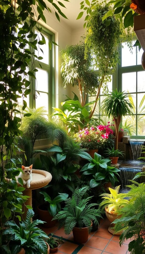 A lush, verdant indoor garden oasis with an abundance of cat-friendly plants. Sunlight filters through large windows, casting a warm, golden glow over the scene. In the foreground, a comfortable cat perch nestled among trailing vines and leafy fronds. The middle ground features a mix of potted plants, from bushy ferns to vibrant blooms, providing ample hiding spots and scratching surfaces for curious felines. In the background, a tranquil water feature gently cascades, creating a soothing, relaxing ambiance. The overall atmosphere is one of a peaceful, nature-inspired retreat, tailored specifically for the needs and enjoyment of indoor cats.