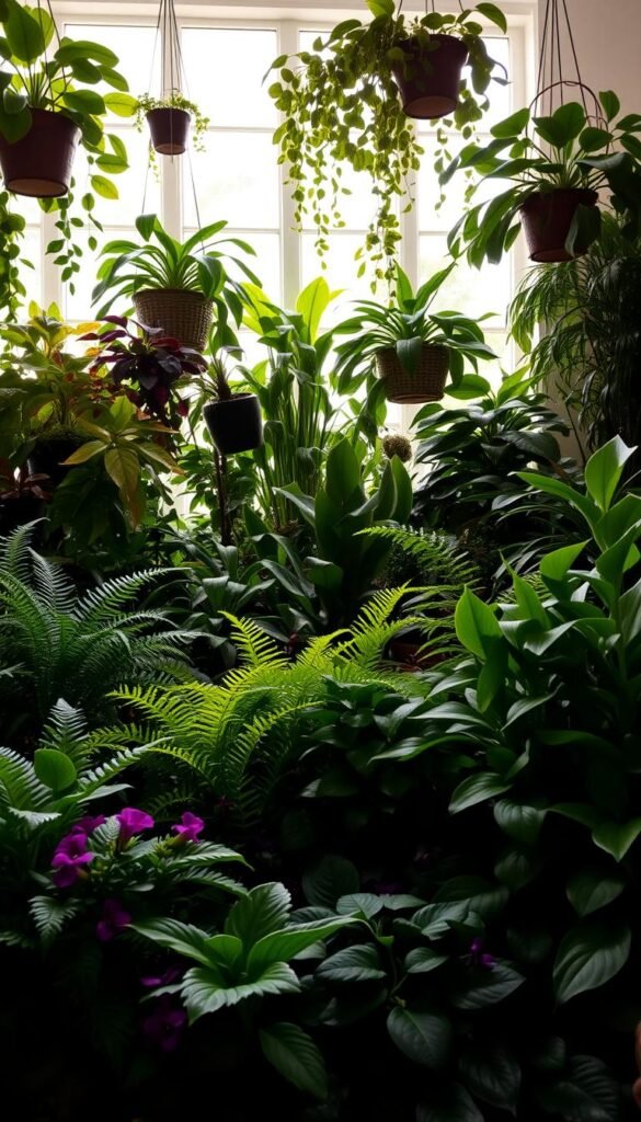 A lush, verdant indoor garden with a variety of pet-safe plant species. In the foreground, a vibrant array of non-toxic houseplants such as Boston ferns, spider plants, and African violets. In the middle ground, trailing vines of pothos and philodendrons cascade down from hanging baskets. The background features a mix of larger, bushy plants like peace lilies and rubber trees, creating a cozy, natural atmosphere. Soft, diffused lighting filters in from a large window, casting a warm glow over the scene. The composition emphasizes the harmony between the greenery and a safe, inviting space for curious kitties to explore.