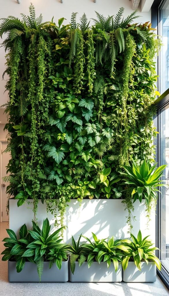 A lush, verdant indoor green wall installation takes center stage, its cascading foliage spilling over modular planters. Verdant ferns, philodendrons, and trailing vines create a vibrant, layered composition that breathes life into the urban space. Indirect natural lighting filters through windows, casting a warm, earthy glow and creating captivating shadows that highlight the textural details of the plants. The installation is thoughtfully integrated into the minimalist, contemporary architecture, seamlessly blending nature and the built environment. This living, breathing oasis exudes a sense of calm and tranquility, inviting the viewer to pause and immerse themselves in the soothing, biophilic atmosphere.